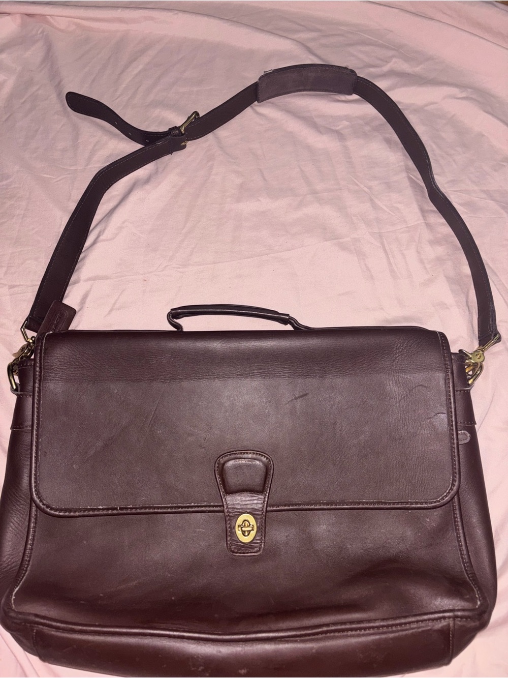 Coach Men's Brown Leather Messenger Briefcase with Gold Hardware